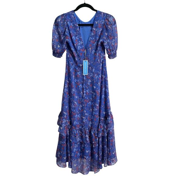 Draper James NWT Midi Dress Blue Size 0 Cottage CottageCore Spring Summer Floral - Picture 2 of 6